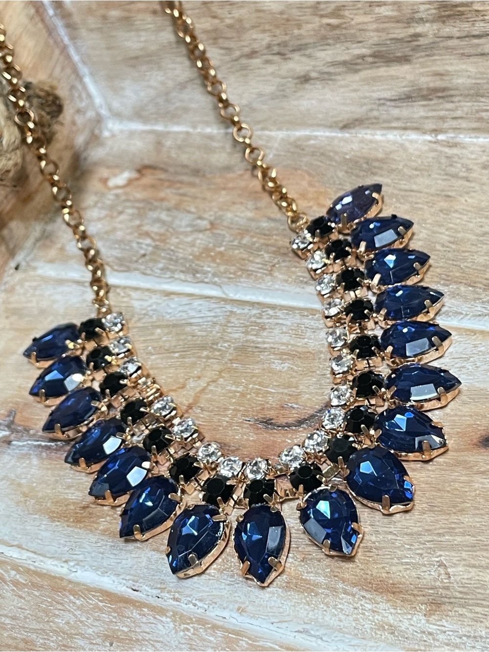 Gold-Tone Necklace with Deep Navy Teardrop Stones - Classic and Elegant!